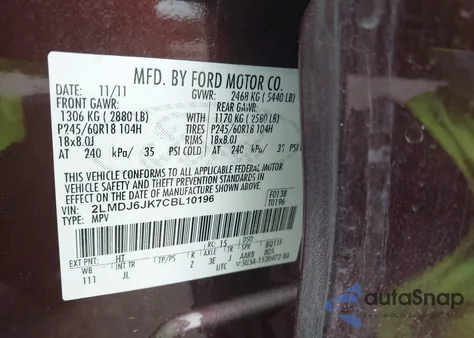 2012 Lincoln Mkx from USA, damaged, VIN 2LMDJ6JK7CBL10196